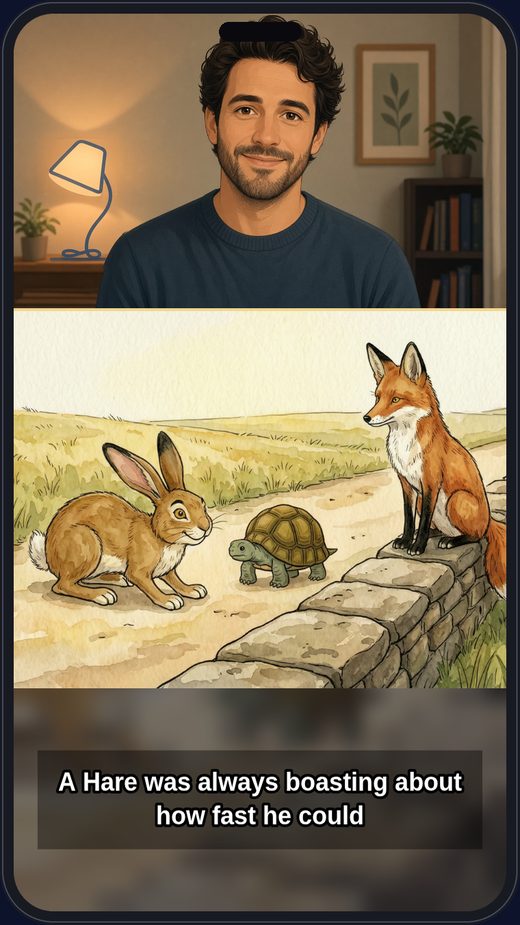 Example of a finished video on a phone: the reader’s camera at the top, the story picture and the caption below